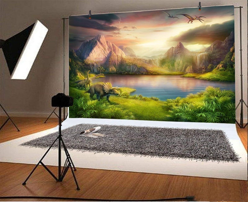 LFEEY Vinyl 7x5ft Dinosaurs Theme Backdrops for Photography Boy Birthday Party Dinosaurs World Mesozoic Forest Mountains Lake Trees Photography Background Kids Baby Shower Portrait Photo Booth Prop - Image 2